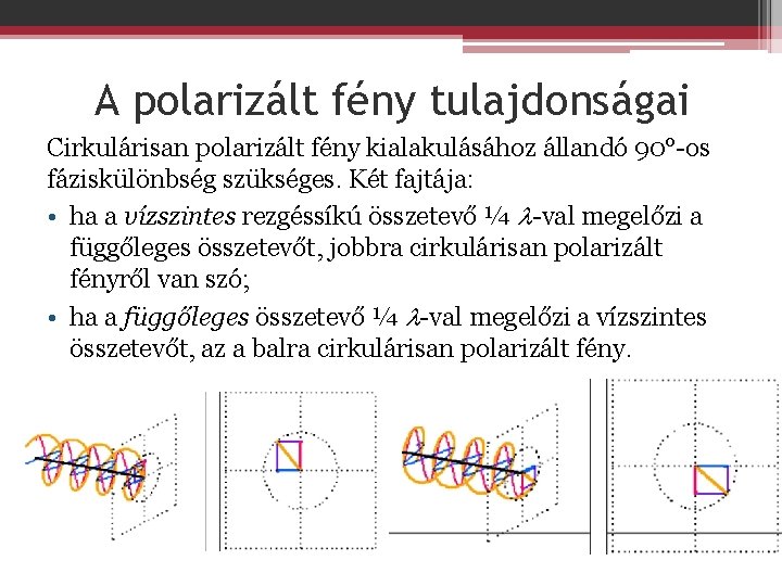 A polarizált fény tulajdonságai Cirkulárisan polarizált fény kialakulásához állandó 90°-os fáziskülönbség szükséges. Két fajtája: