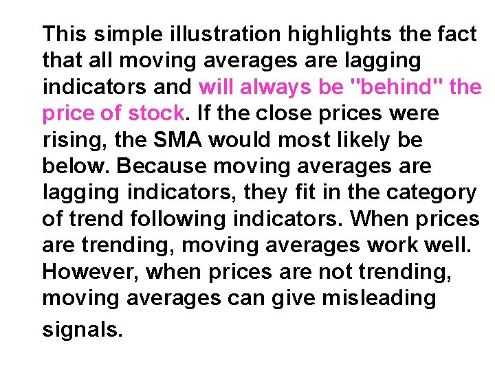 This simple illustration highlights the fact that all moving averages are lagging indicators and