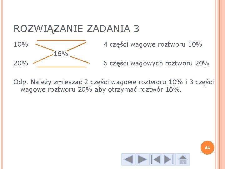 ROZWIĄZANIE ZADANIA 3 10% 4 części wagowe roztworu 10% 16% 20% 6 części wagowych