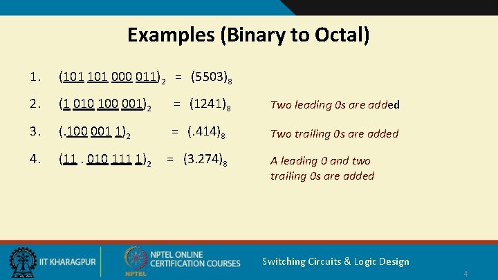 Examples (Binary to Octal) 1. (101 000 011)2 = (5503)8 2. (1 010 100