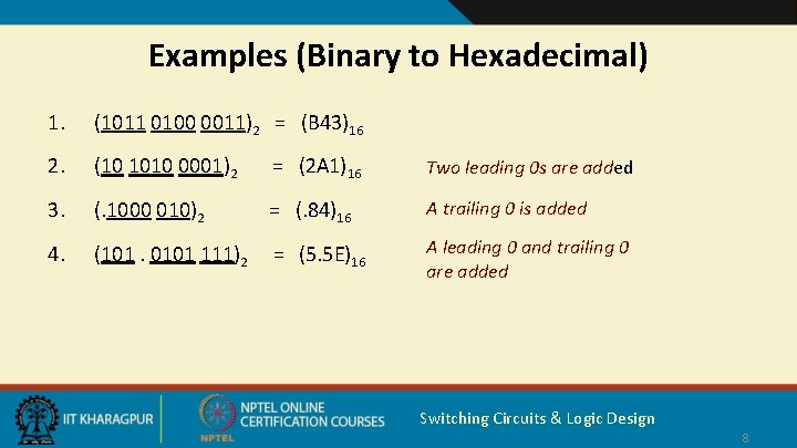 Examples (Binary to Hexadecimal) 1. (1011 0100 0011)2 = (B 43)16 2. (10 1010