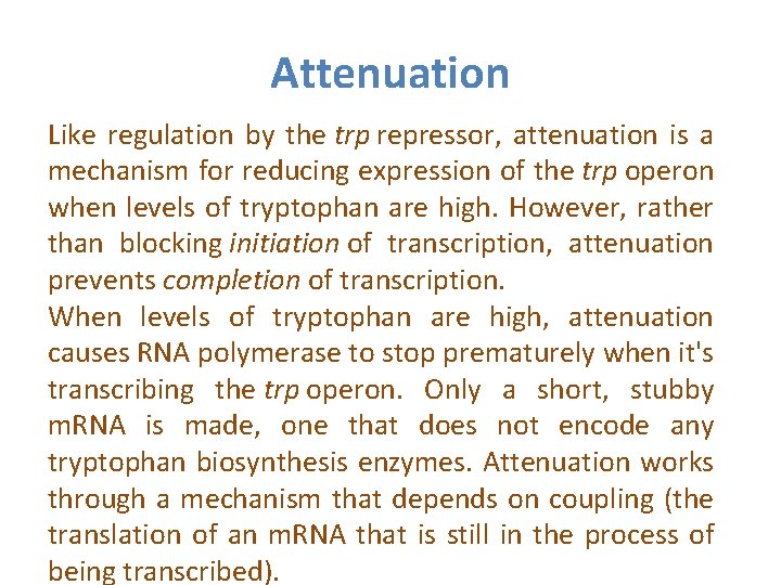Attenuation Like regulation by the trp repressor, attenuation is a mechanism for reducing expression
