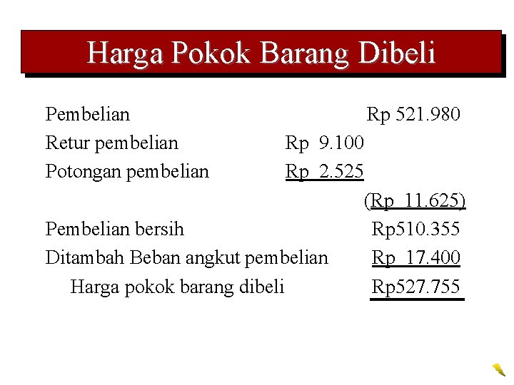 Harga Pokok Barang Dibeli Pembelian Retur pembelian Potongan pembelian Rp 521. 980 Rp 9. Harga Pokok Barang Dibeli Pembelian Retur pembelian Potongan pembelian Rp 521. 980 Rp 9.