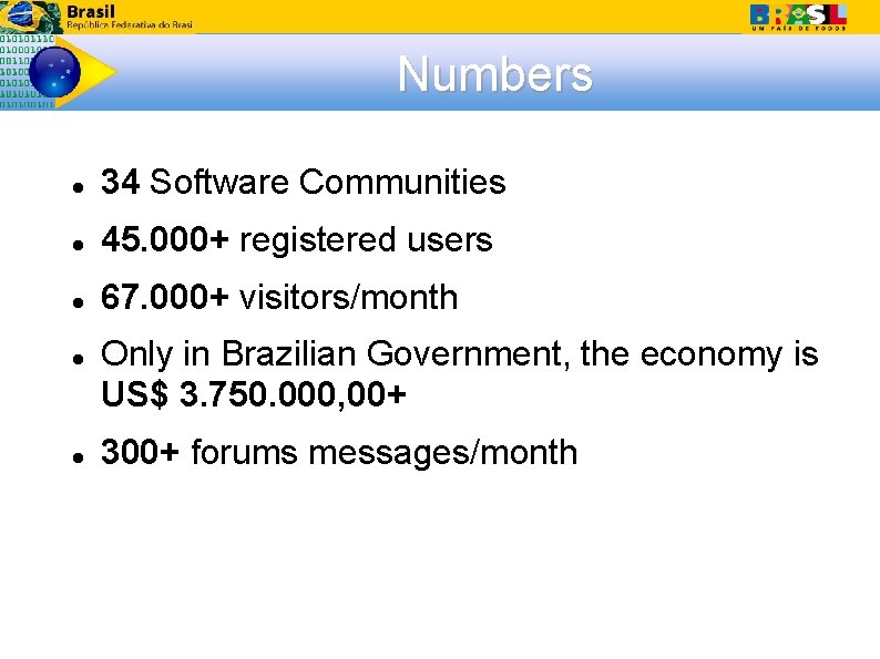 Numbers 34 Software Communities 45. 000+ registered users 67. 000+ visitors/month Only in Brazilian