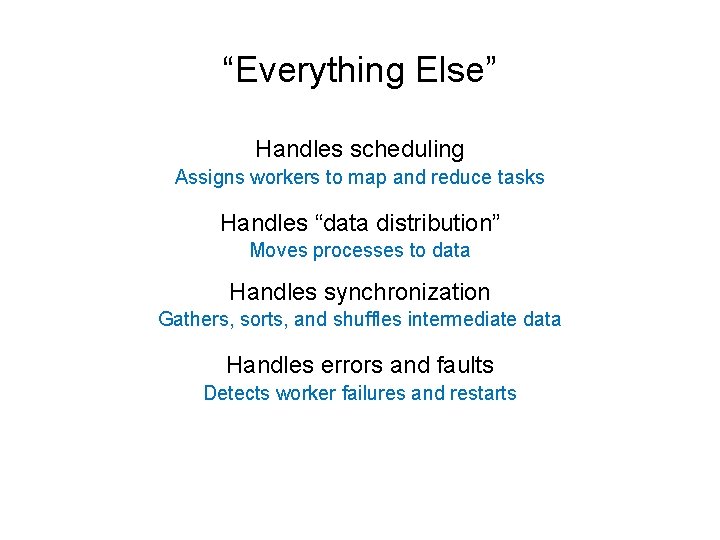 “Everything Else” Handles scheduling Assigns workers to map and reduce tasks Handles “data distribution”