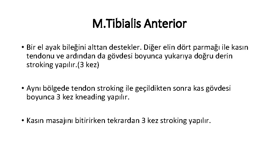 M. Tibialis Anterior • Bir el ayak bileğini alttan destekler. Diğer elin dört parmağı