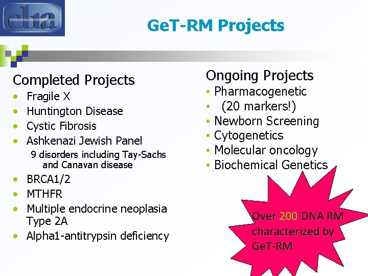 Ge. T-RM Projects Completed Projects • • Fragile X Huntington Disease Cystic Fibrosis Ashkenazi