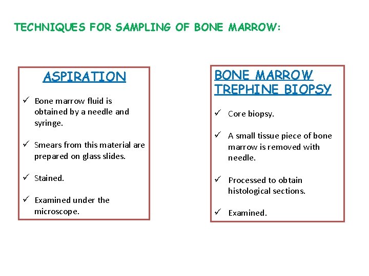 TECHNIQUES FOR SAMPLING OF BONE MARROW: ASPIRATION ü Bone marrow fluid is obtained by