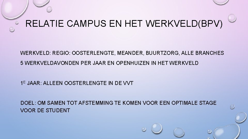 RELATIE CAMPUS EN HET WERKVELD(BPV) WERKVELD: REGIO: OOSTERLENGTE, MEANDER, BUURTZORG, ALLE BRANCHES 5 WERKVELDAVONDEN