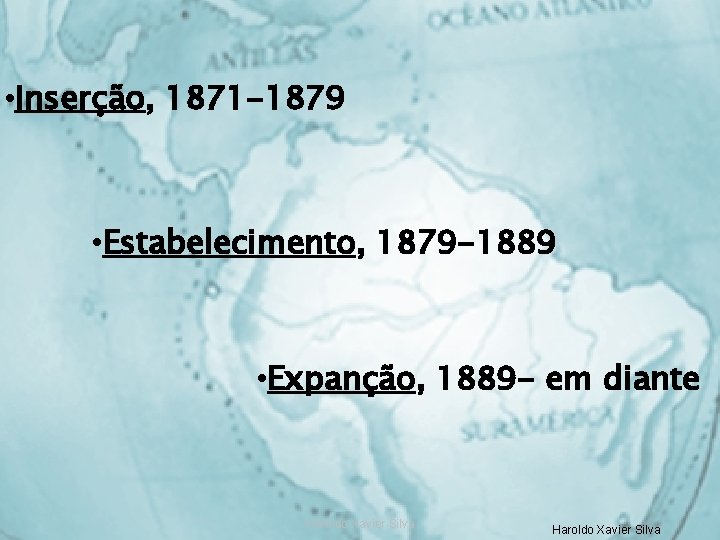  • Inserção, 1871 -1879 • Estabelecimento, 1879 -1889 • Expanção, 1889 - em