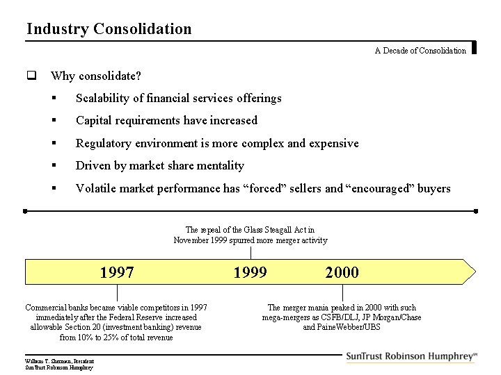 Industry Consolidation A Decade of Consolidation q Why consolidate? § Scalability of financial services