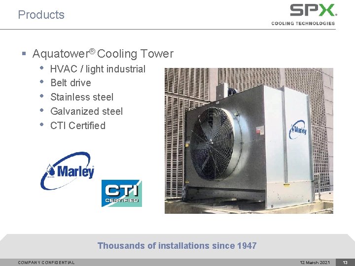 Products § Aquatower® Cooling Tower • • • HVAC / light industrial Belt drive