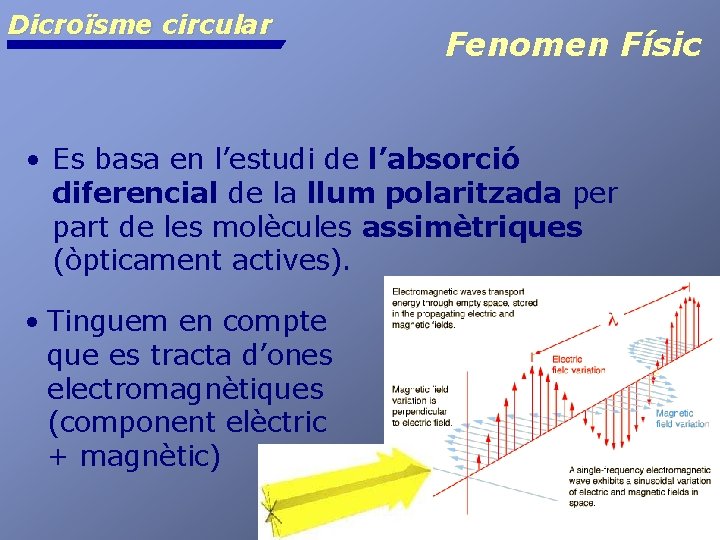 Dicroïsme circular Fenomen Físic • Es basa en l’estudi de l’absorció diferencial de la