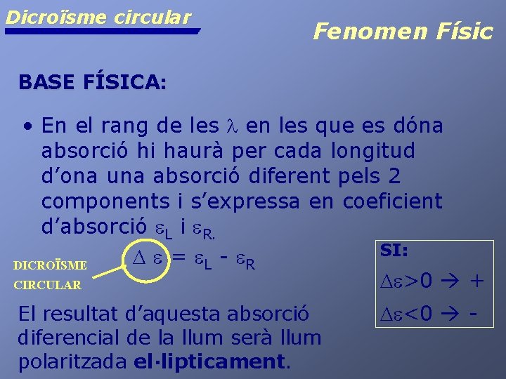 Dicroïsme circular Fenomen Físic BASE FÍSICA: • En el rang de les en les