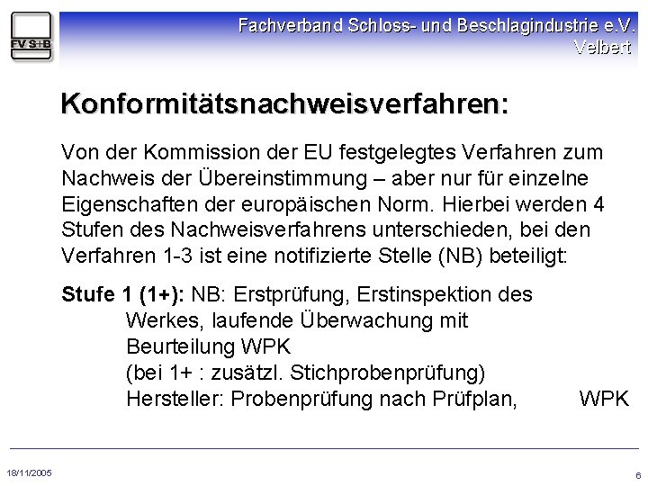 Fachverband Schloss- und Beschlagindustrie e. V. Velbert Konformitätsnachweisverfahren: Von der Kommission der EU festgelegtes