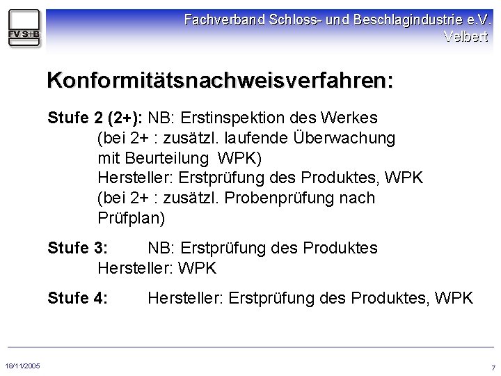 Fachverband Schloss- und Beschlagindustrie e. V. Velbert Konformitätsnachweisverfahren: Stufe 2 (2+): NB: Erstinspektion des