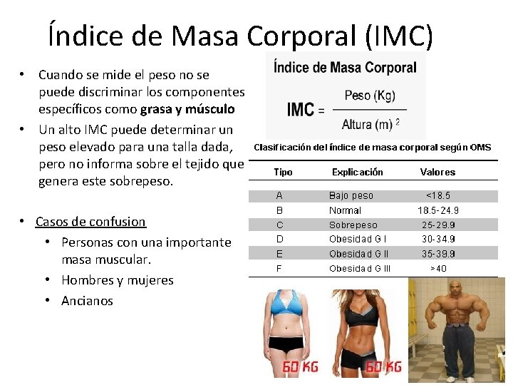 Índice de Masa Corporal (IMC) • Cuando se mide el peso no se puede