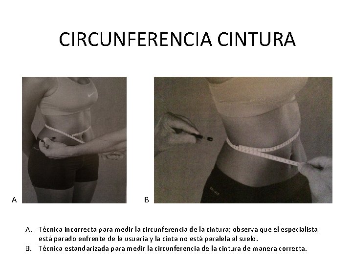 CIRCUNFERENCIA CINTURA A B A. Técnica incorrecta para medir la circunferencia de la cintura;