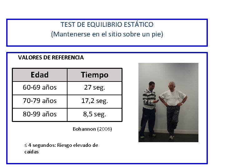 TEST DE EQUILIBRIO ESTÁTICO (Mantenerse en el sitio sobre un pie) VALORES DE REFERENCIA