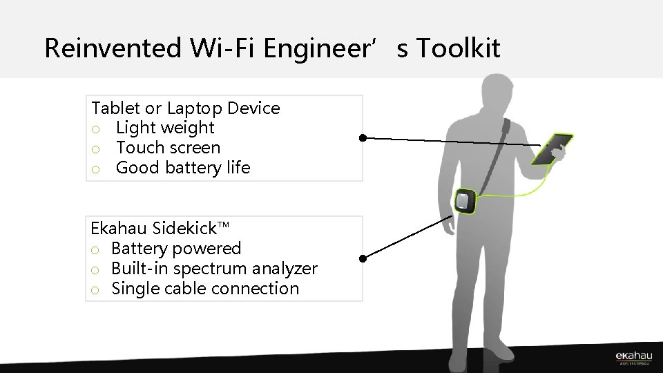 Reinvented Wi-Fi Engineer’s Toolkit Tablet or Laptop Device o Light weight o Touch screen