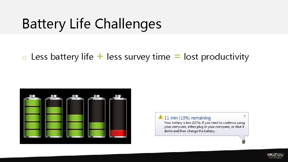 Battery Life Challenges o Less battery life + less survey time = lost productivity