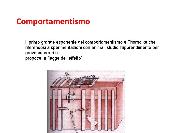 L’associazionismo e il comportamentismo Comportamentismo Il primo grande esponente del comportamentismo è Thorndike che