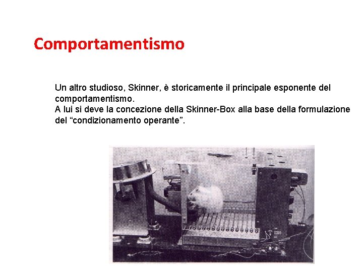 L’associazionismo e il comportamentismo Comportamentismo Un altro studioso, Skinner, è storicamente il principale esponente