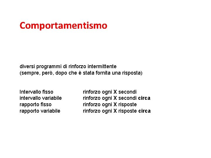 L’associazionismo e il comportamentismo Comportamentismo diversi programmi di rinforzo intermittente (sempre, però, dopo che