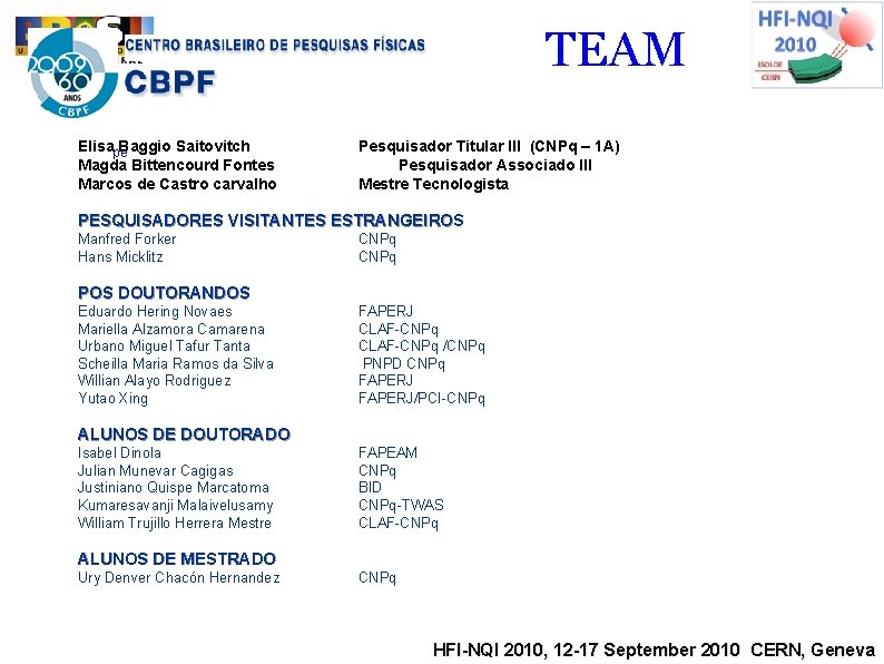 TEAM Elisape Baggio Saitovitch Magda Bittencourd Fontes Marcos de Castro carvalho Pesquisador Titular III