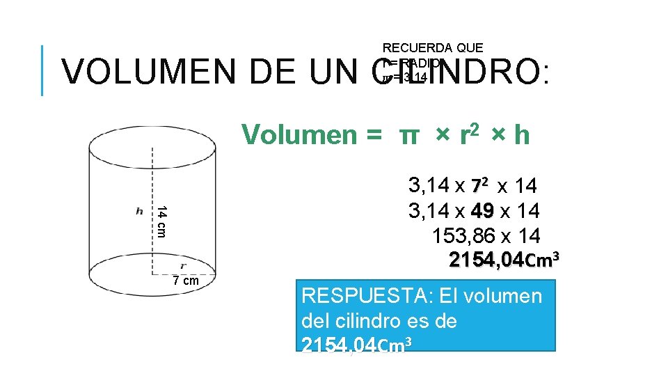 RECUERDA QUE r = RADIO π = 3, 14 VOLUMEN DE UN CILINDRO: Volumen