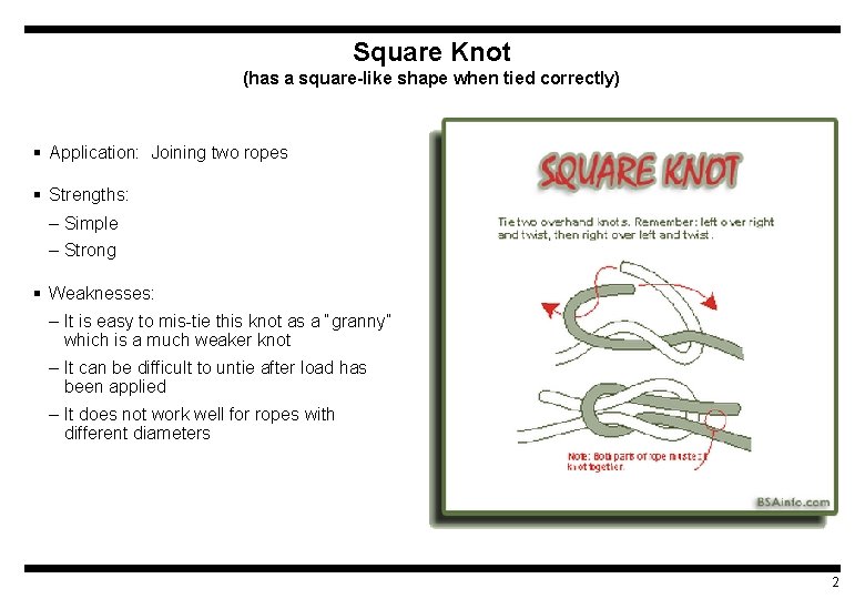 Square Knot (has a square-like shape when tied correctly) § Application: Joining two ropes