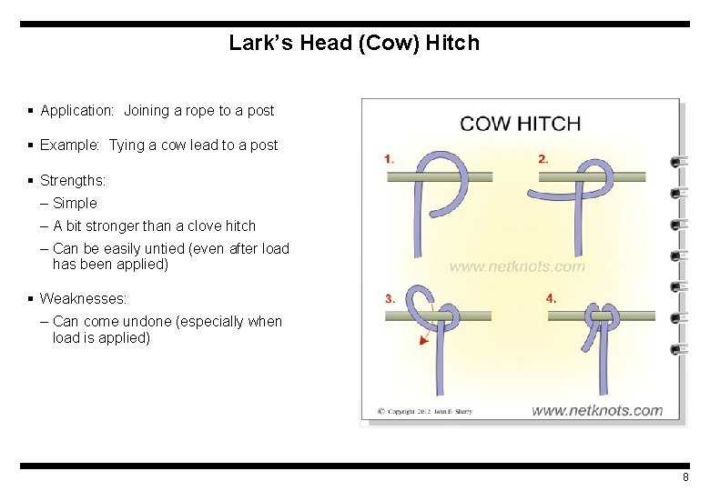 Lark’s Head (Cow) Hitch § Application: Joining a rope to a post § Example:
