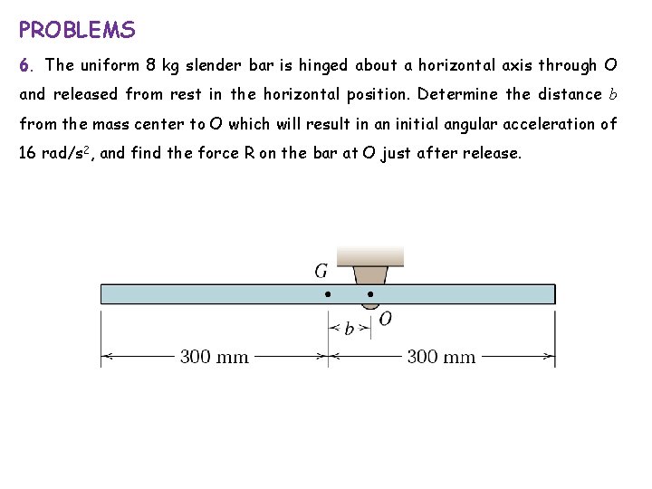 PROBLEMS 6. The uniform 8 kg slender bar is hinged about a horizontal axis