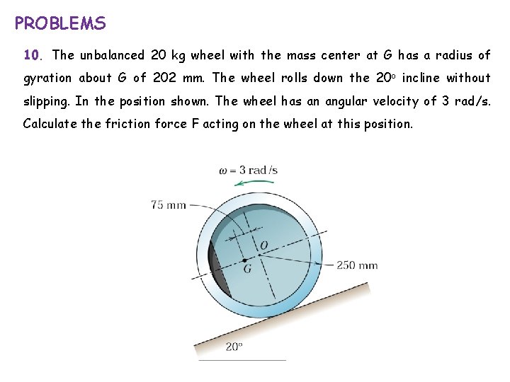 PROBLEMS 10. The unbalanced 20 kg wheel with the mass center at G has