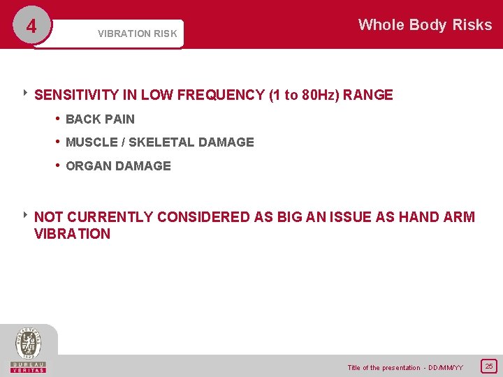4 VIBRATION RISK Whole Body Risks 8 SENSITIVITY IN LOW FREQUENCY (1 to 80