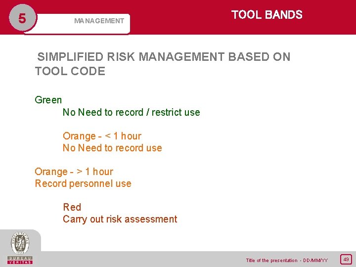 5 MANAGEMENT TOOL BANDS SIMPLIFIED RISK MANAGEMENT BASED ON TOOL CODE Green No Need