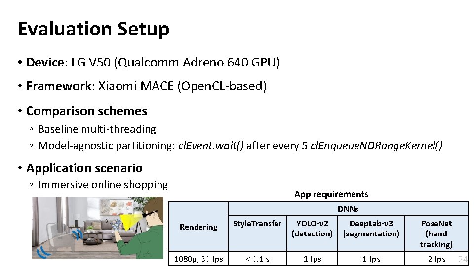 Evaluation Setup • Device: LG V 50 (Qualcomm Adreno 640 GPU) • Framework: Xiaomi