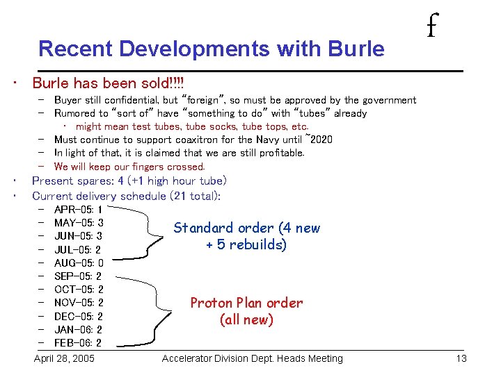 Recent Developments with Burle f • Burle has been sold!!!! – Buyer still confidential,