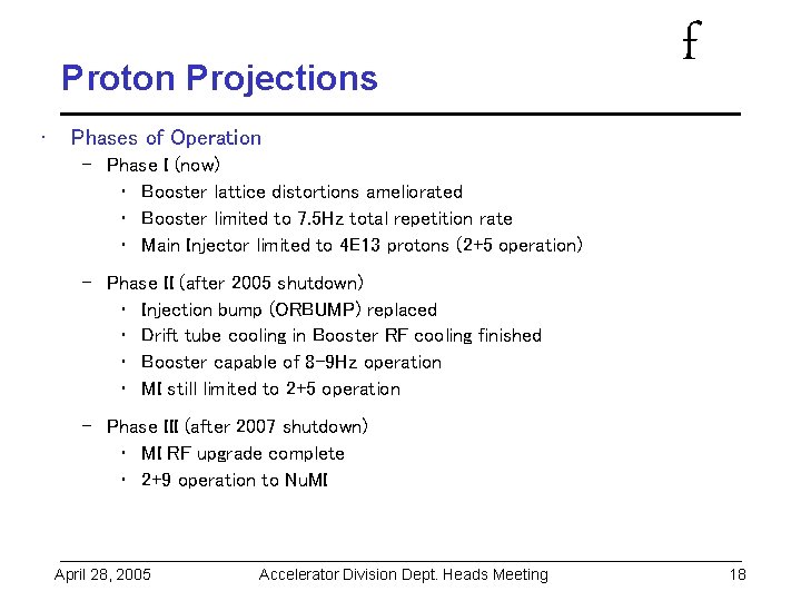 Proton Projections • f Phases of Operation – Phase I (now) • Booster lattice