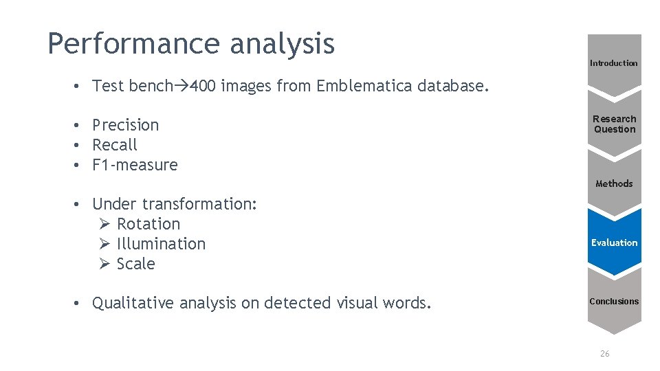 Performance analysis Introduction • Test bench 400 images from Emblematica database. • Precision •