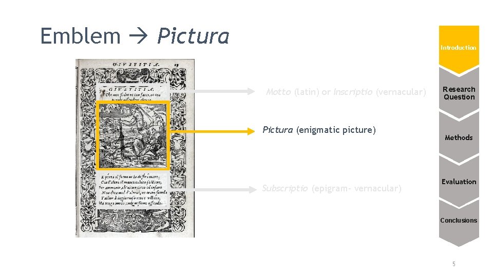 Emblem Pictura Introduction Motto (latin) or Inscriptio (vernacular) Pictura (enigmatic picture) Subscriptio (epigram- vernacular)