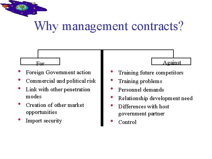 Why management contracts? • • • Foreign Government action Commercial and political risk Link