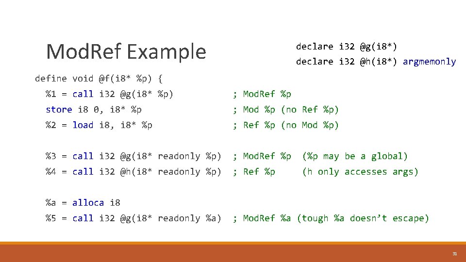 Mod. Ref Example declare i 32 @g(i 8*) declare i 32 @h(i 8*) argmemonly