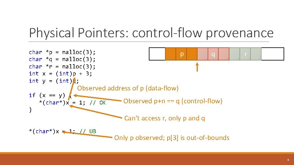 Physical Pointers: control-flow provenance char *p = malloc(3); char *q = malloc(3); char *r