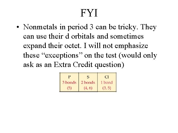 FYI • Nonmetals in period 3 can be tricky. They can use their d