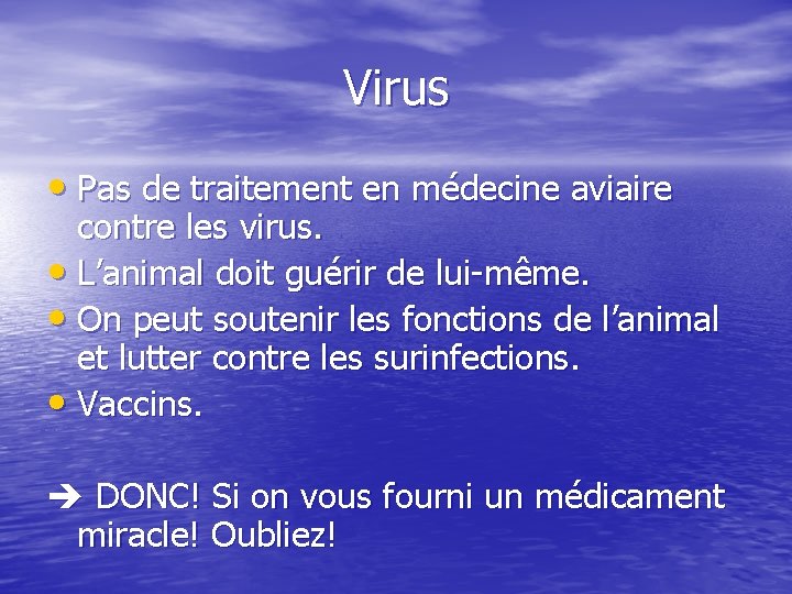 Virus • Pas de traitement en médecine aviaire contre les virus. • L’animal doit