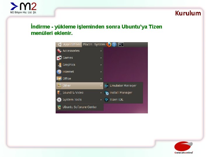 Kurulum İndirme - yükleme işleminden sonra Ubuntu’ya Tizen menüleri eklenir. 