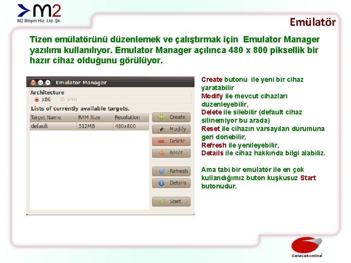 Emülatör Tizen emülatörünü düzenlemek ve çalıştırmak için Emulator Manager yazılımı kullanılıyor. Emulator Manager açılınca