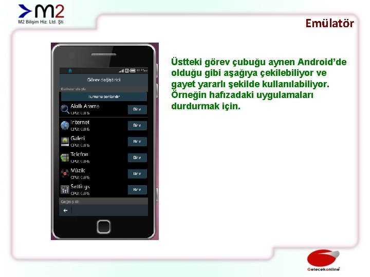 Emülatör Üstteki görev çubuğu aynen Android’de olduğu gibi aşağıya çekilebiliyor ve gayet yararlı şekilde