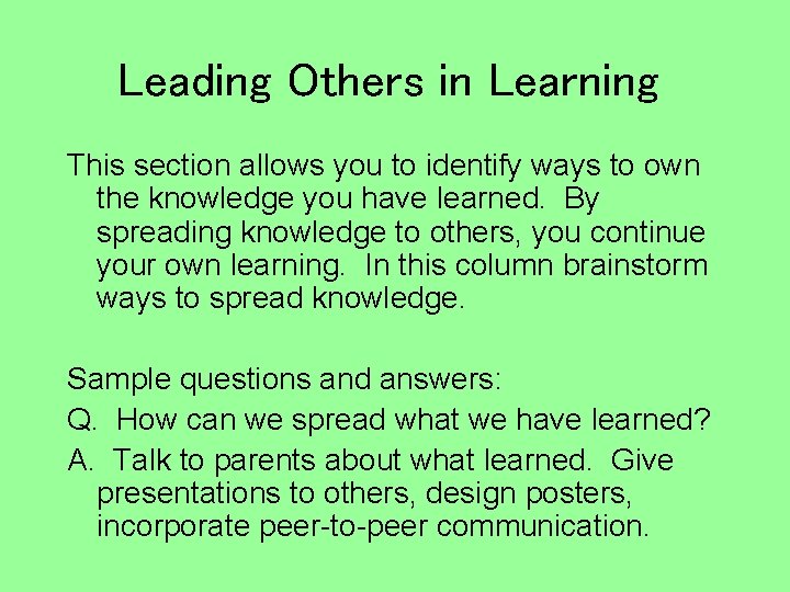 Leading Others in Learning This section allows you to identify ways to own the